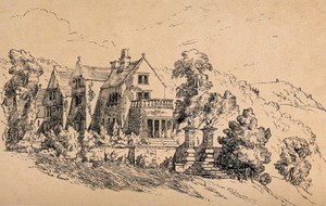 view Lea Hurst, home of Florence Nightingale's family in Derbyshire. Lithograph, ca. 1880.