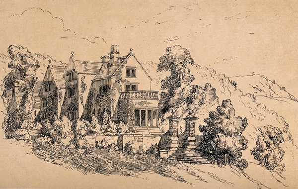 Lea Hurst, home of Florence Nightingale's family in Derbyshire. Lithograph, ca. 1880.