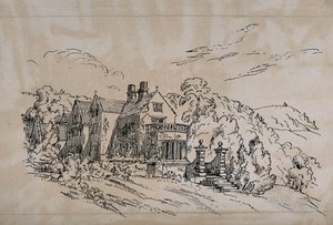 view Lea Hurst, home of Florence Nightingale's family in Derbyshire. Lithograph.