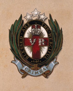 view Jewel decorated with a red cross and three stars given by Queen Victoria to Florence Nightingale for her work in Crimea. Colour lithograph, 1856.