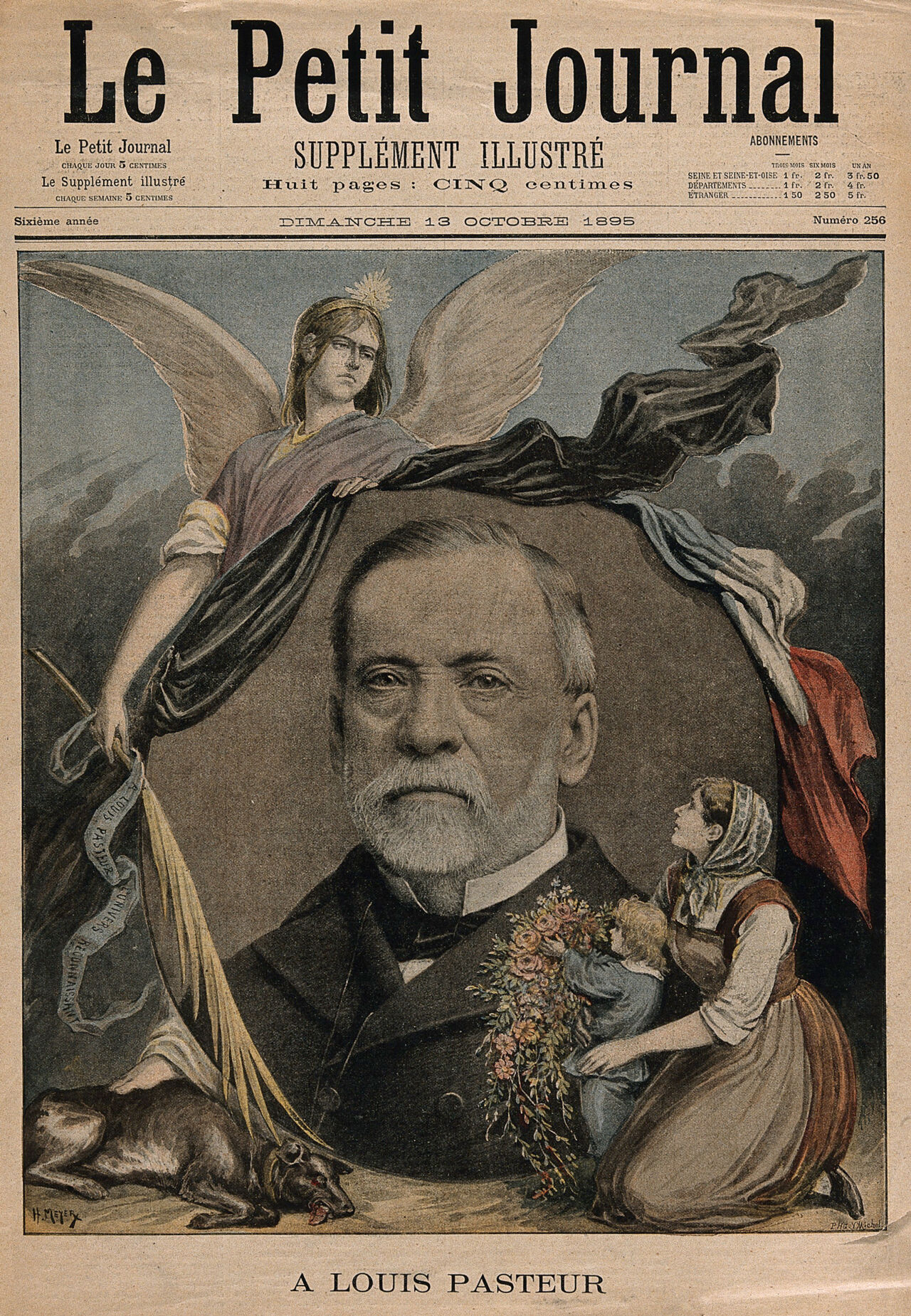 Louis Pasteur, head and shoulders, with allegorical figures. Colour process print by Phg. Y. Michel after H. Meyer, 1895., 13 October 1895, by Henri Meyer