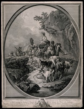 A man is leading a woman and her baby on a donkey with their belongings and a flock of sheep, attended by other people. Engraving by P. Laurent after P.J. de Loutherbourg, ca. 1777.