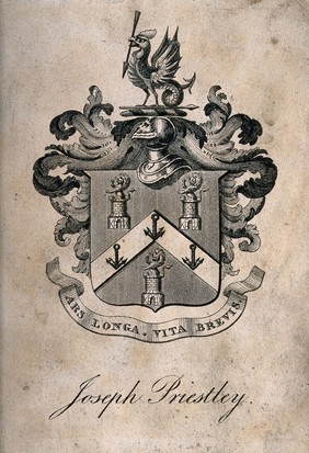 Joseph Priestley: coat of arms decorated with anchors and lions and surmounted by a cockerel. Engraving, 17--.