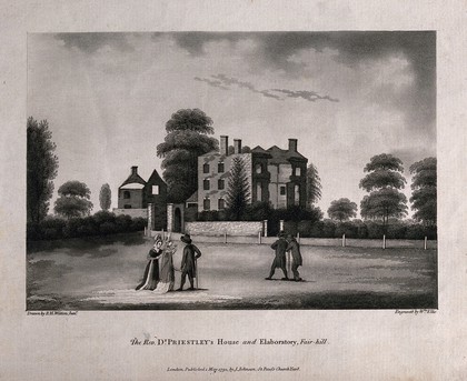 Fairhill, the house of Joseph Priestley in Sparkbrook, Birmingham, after its destruction by rioters. Aquatint by W. Ellis after P.H. Witton, 1792.