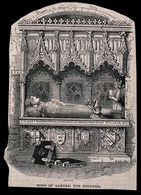 The tomb of Rahere, Saint Bartholomew's Church, London. Wood engraving by T. Gilks after W.A. Delamotte, ca. 1847.