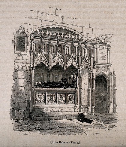 The tomb of Rahere, St Bartholomew the Great Church, London. Wood engraving by J. Jackson after J.W. Archer.