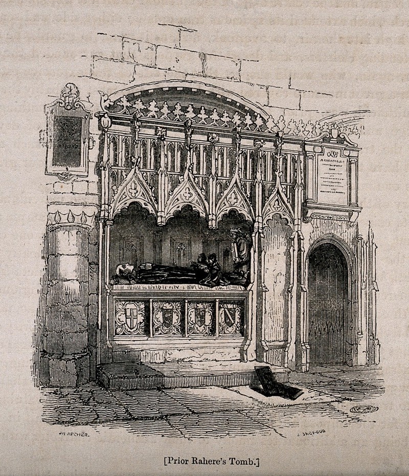 The tomb of Rahere, St Bartholomew the Great Church, London. Wood engraving by J. Jackson after J.W. Archer., 1850, by John Wykeham Archer