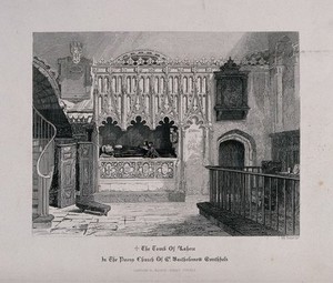 view The tomb of Rahere, Saint Bartholomew's Church, London. Etching by J.W. Archer.