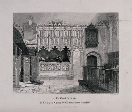 The tomb of Rahere, Saint Bartholomew's Church, London. Etching by J.W. Archer.