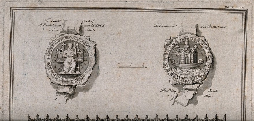 The seal of Saint Bartholomew's Church, London, decorated with the figure of Rahere. Engraving by J. Basire after J. Carter, 23 April 1784.