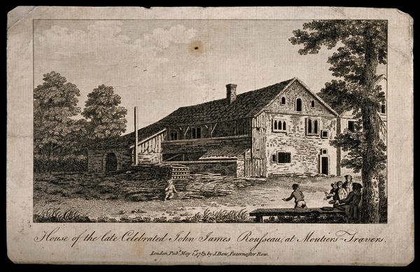 The house of Jean-Jacques Rousseau, in Môtiers, Val-de-Travers, Switzerland. Engraving, 1783.