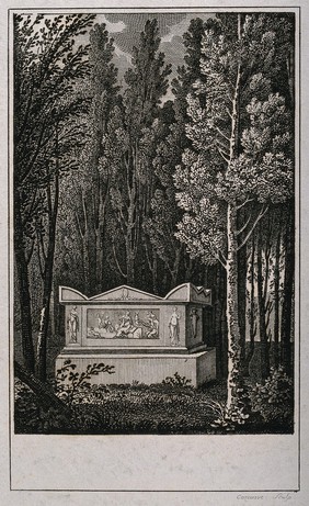 The tomb of J.J. Rousseau, on an island in the gardens of Ermenonville. Engraving by J.F. Cazenave.