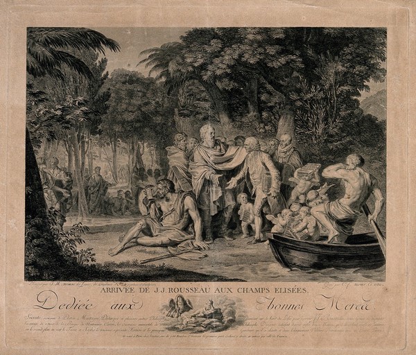Jean-Jacques Rousseau greeted by Socrates, Montaigne and Plutarch on his arrival at the Elysian Fields. Engraving by C.F. Macret after J.M. Moreau, 1782.