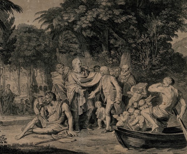 Jean-Jacques Rousseau greeted by Socrates, Montaigne and Plutarch on his arrival at the Elysian Fields. Engraving by C.F. Macret after J.M. Moreau, 1782.