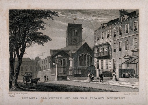Chelsea old Church and Sir Hans Sloane's monument. Etching by R. Acon after T.H. Shepherd, ca. 1830.