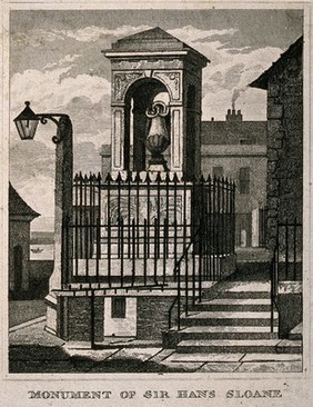 Monument to Sir Hans Sloane in Chelsea, London. Etching, ca. 1830.