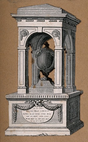view Monument to Sir Hans Sloane in Chelsea Old Church, London. Etching, ca. 1830.