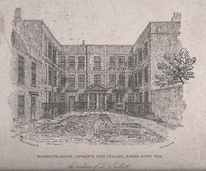 view Monmouth House, Lawrence Street, Chelsea, London. Etching by R.B., Schnebbelie.