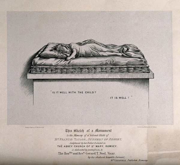 Funerary monument to Alice, the daughter of Francis Taylor: her effigy, sleeping. Lithograph by H. Tiffin after F. Taylor, ca. 1845.