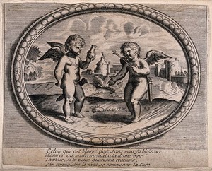 view A putto with an arrow in his heart is asking a putto who is holding a urine flask for help; comparing love to medical treatment of a wound. Engraving, 16--.