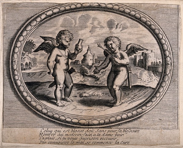 A putto with an arrow in his heart is asking a putto who is holding a urine flask for help; comparing love to medical treatment of a wound. Engraving, 16--.