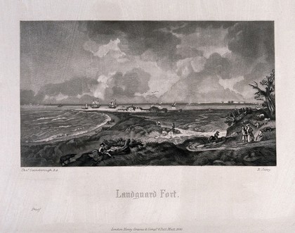 Landguard Fort; ships in the background, men in the foreground. Mezzotint by R. Josey after T. Gainsborough, 1880.