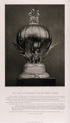 Gold cup designed by Henry S. Wellcome and presented to Thomas F. Bayard. Photogravure, ca. 1897.