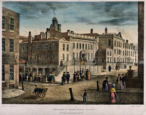 view The house of Charles White on King Street, Manchester. Coloured lithograph by A. Aglio after J. Ralston, 1823.