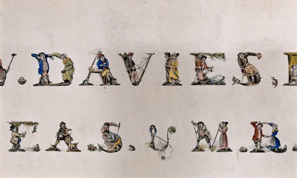 Vignettes of daily life, forming decorated letters spelling the name of William Davies. Painting attributed to Stephen Jenner, December 1817.