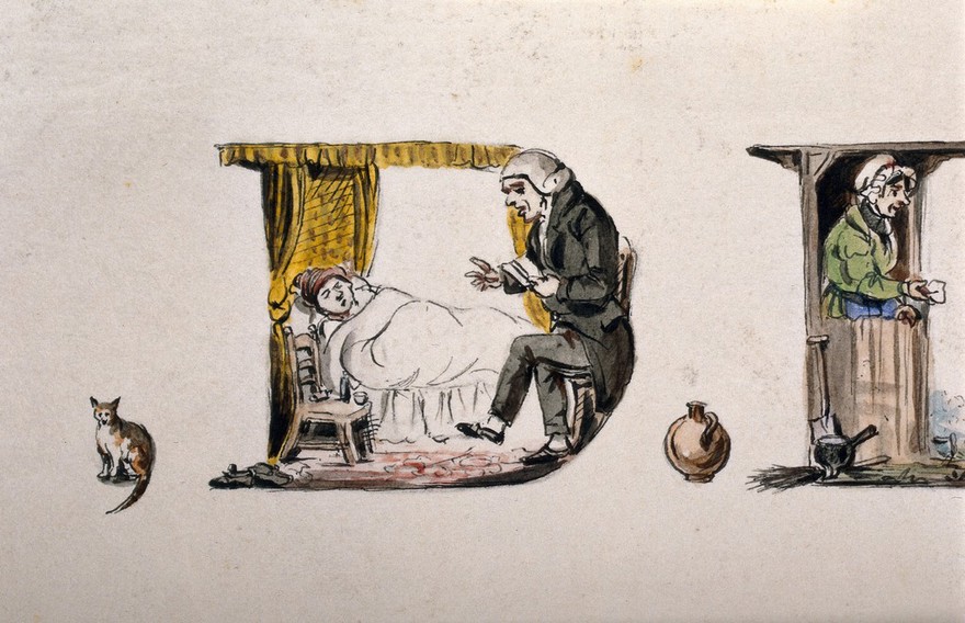 Vignettes of daily life, forming decorated letters spelling the name of William Davies. Painting attributed to Stephen Jenner, December 1817.