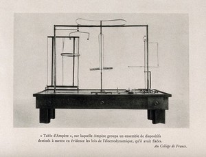 view Table with devices that demonstrate electrodynamic laws devised by Ampère; in the Collège de France, Paris. Photoprint.