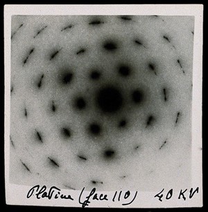 view Diffraction of electrons on microcrystallitic crystals or powders; platinum. Photograph by J.J. Trillat.