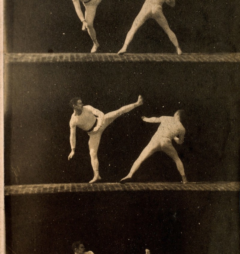 Two men dressed in white, wrestling, sequences. Photograph., by Étienne-Jules Marey