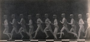 view A man dressed in white, running; sequences. Photograph.