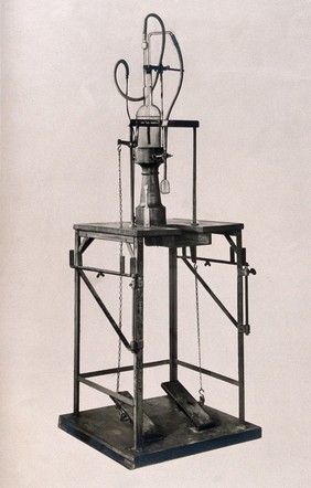 Scientific equipment used by Hyacinthe Vincent for separation of the constituents of serums and vaccines (?). Photograph, ca. 1930.