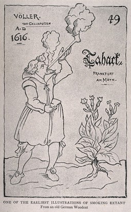A man blowing out clouds of smoke from a long pipe, with a tobacco plant to his right. Halftone, c. 1890, after a woodcut, c. 1616.