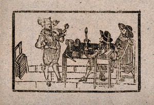 view A man stands smoking a pipe as two onlookers sit at a table. Woodcut, 17th century.