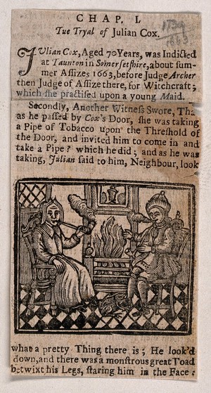 view Julian Cox of Taunton and a man sit smoking by the hearth; a toad is by the feet of the man. Woodcut.