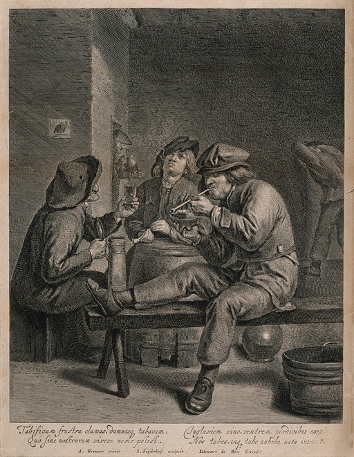 Three men sit smoking and drinking at a barrel-table. Engraving by J. Suyderhoff, mid-17th century, after A. Brouwer.