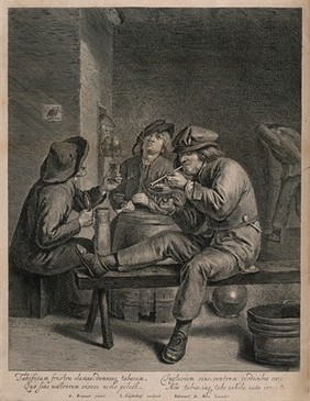 Three men sit smoking and drinking at a barrel-table. Engraving by J. Suyderhof, 16--, after A. Brouwer.