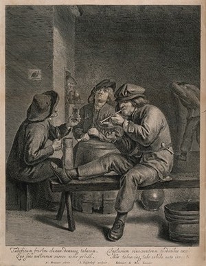 view Three men sit smoking and drinking at a barrel-table. Engraving by J. Suyderhof, 16--, after A. Brouwer.