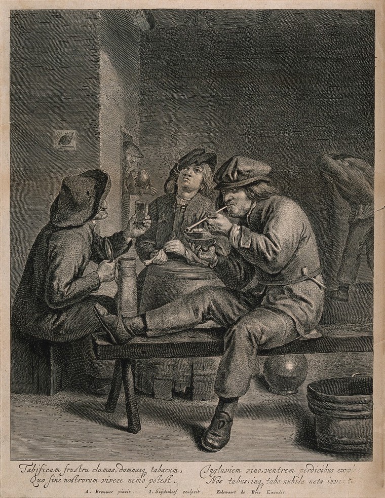 Three men sit smoking and drinking at a barrel-table. Engraving by J