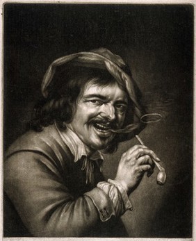 A man holding a tobacco pipe and blowing a smoke ring. Mezzotint by A. Blooteling (Bloteling) after P. Staverenus.