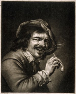 view A man holding a tobacco pipe and blowing a smoke ring. Mezzotint by A. Blooteling (Bloteling) after P. Staverenus.