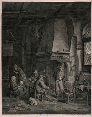 view A family gather indoors round a large open fireplace talking and smoking. Engraving by C. de Visscher after A. van Ostade, c. 1656.