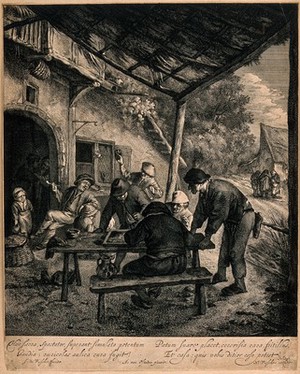 view Men playing backgammon outside in an arbor, nearby others smoke and drink. Etching by J. de Visscher after A. van Ostade.