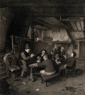 view Five men drinking and smoking round a table in a large open room. Mezzotint after a painting by A. van Ostade, 1665.