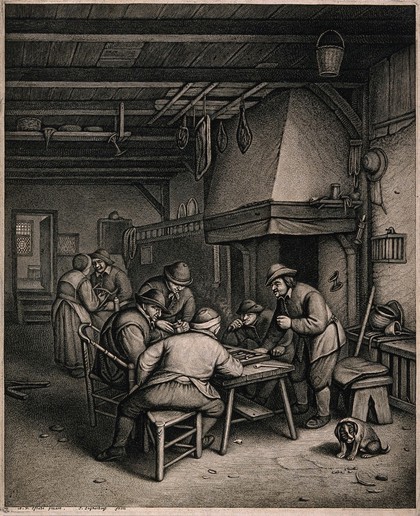 Five men indoors round a table smoking and playing backgammon, behind a man and women talk. Etching by J. Suyderhoff after A. van Ostade, 1670.
