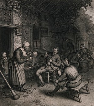 view Peasants sitting, smoking, outside an inn as the hostess pours a glass of ale. Engraving by J. Suyderhoff after A. van Ostade.