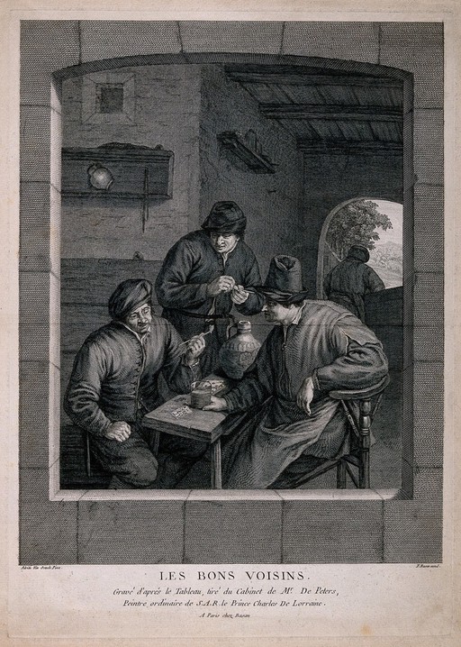 Three men indoors round an inn table with drink, tobacco pipes and cards. Engraving by F. Basan after A. van Ostade.